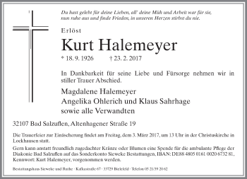 Traueranzeige von Kurt Halemeyer