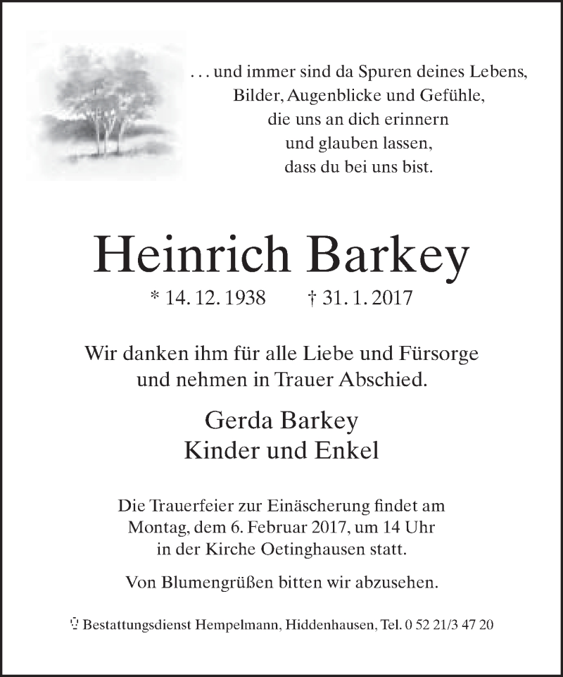  Traueranzeige für Heinrich Barkey vom 02.02.2017 aus Neue Westfälische