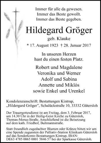Traueranzeige von Hildegard Gröger von Neue Westfälische