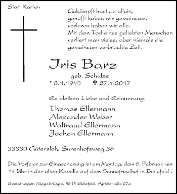 Traueranzeige von Iris Barz von Neue Westfälische