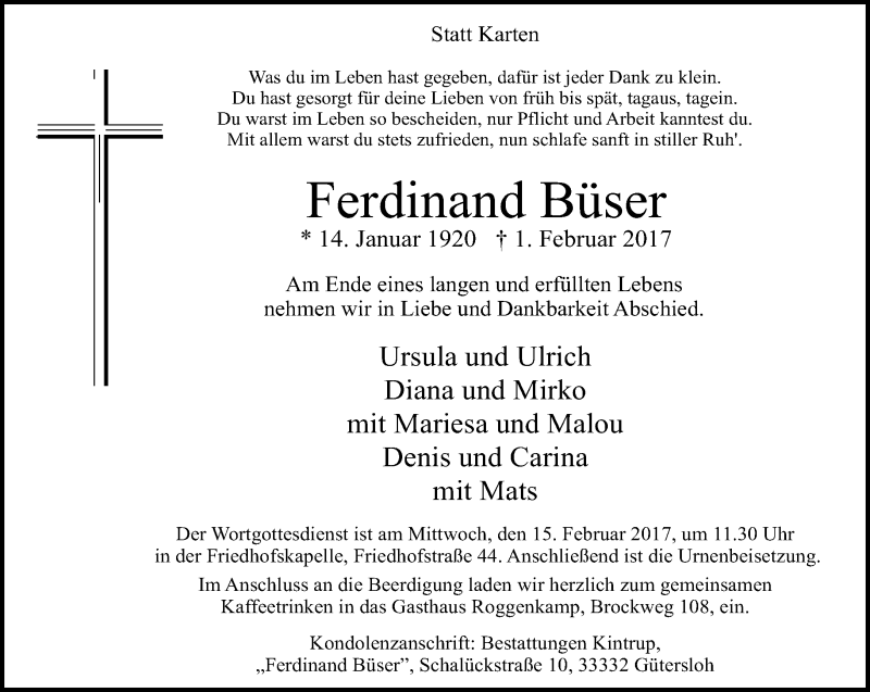  Traueranzeige für Ferdinand Büser vom 11.02.2017 aus Neue Westfälische