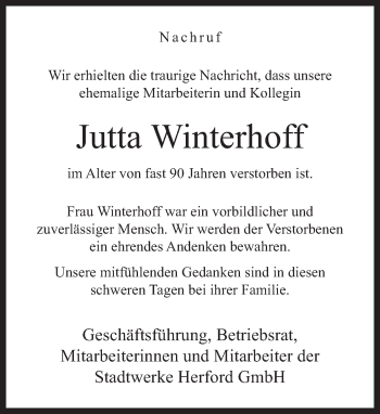Traueranzeige von Jutta Winterhoff von Neue Westfälische