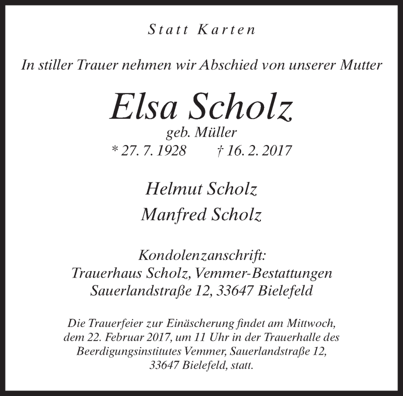  Traueranzeige für Elsa Scholz vom 18.02.2017 aus Neue Westfälische