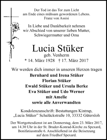 Traueranzeige von Lucia Stüker von Neue Westfälische