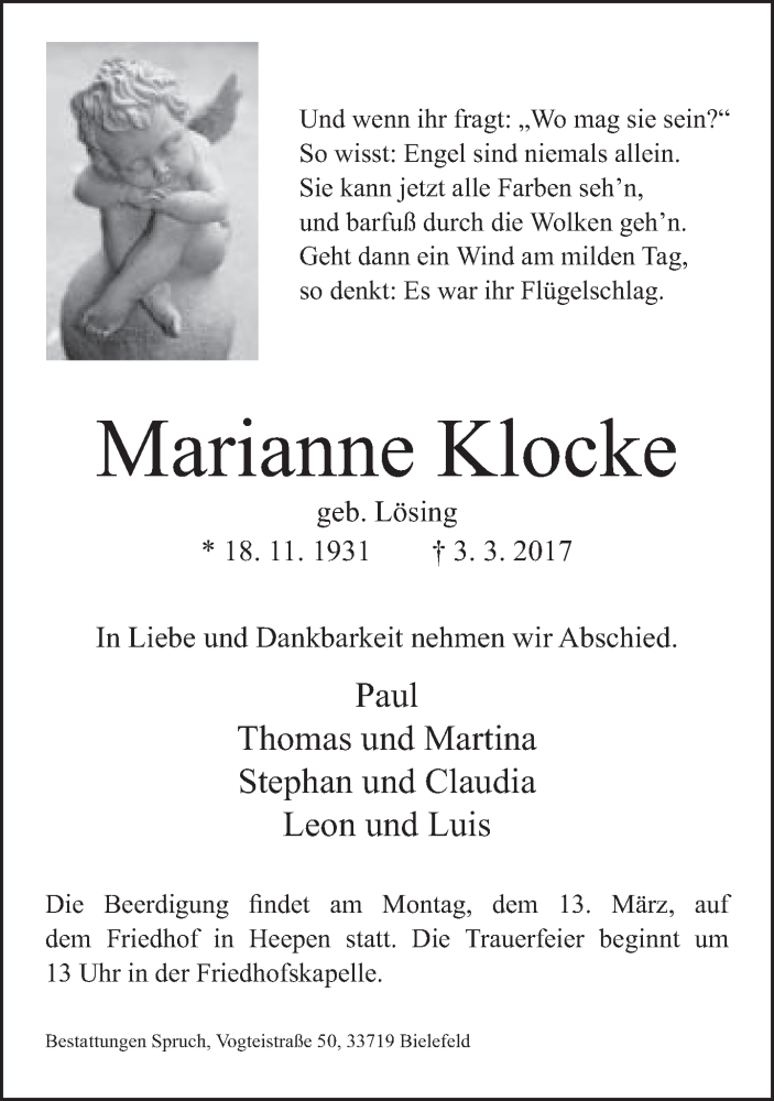  Traueranzeige für Marianne Klocke vom 08.03.2017 aus Neue Westfälische