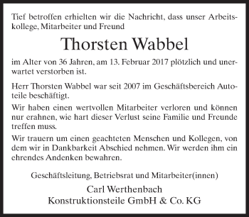 Traueranzeige von Thorsten Wabbel von Neue Westfälische