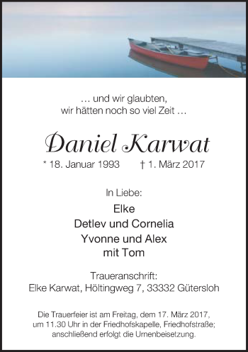 Traueranzeige von Daniel Karwat von Neue Westfälische