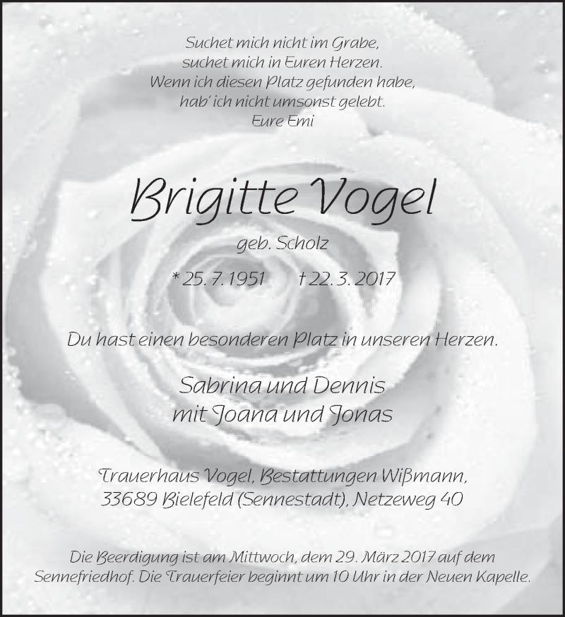  Traueranzeige für Brigitte Vogel vom 25.03.2017 aus Neue Westfälische