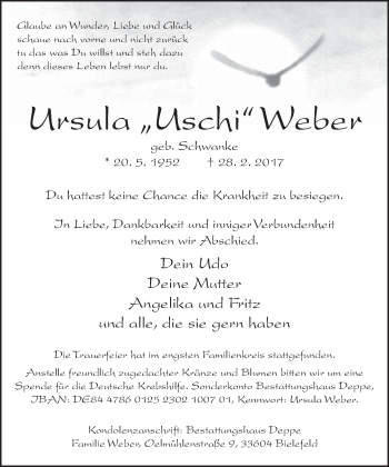 Traueranzeige von Ursula Weber von Neue Westfälische