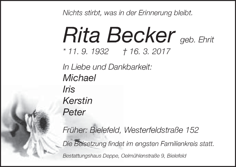  Traueranzeige für Rita Becker vom 18.03.2017 aus Neue Westfälische