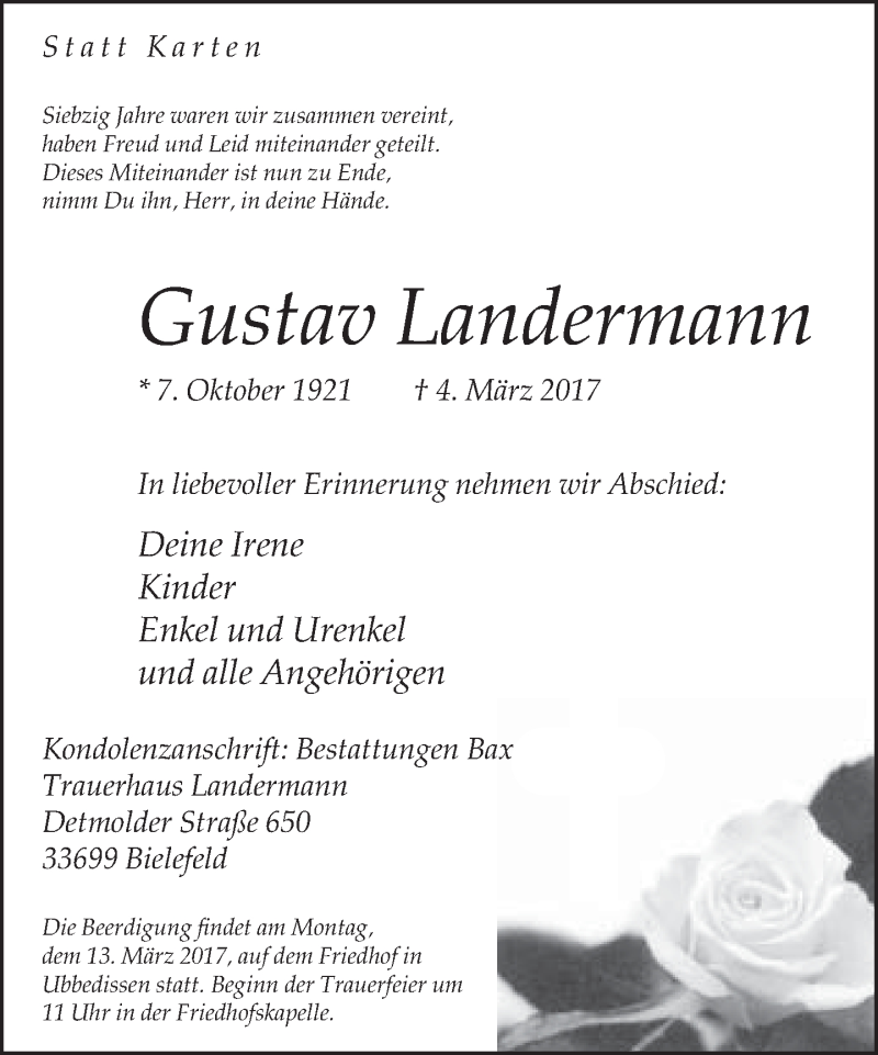  Traueranzeige für Gustav Landermann vom 07.03.2017 aus Neue Westfälische