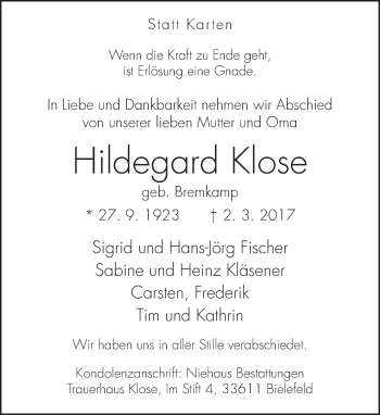 Traueranzeige von Hildegard Klose von Neue Westfälische