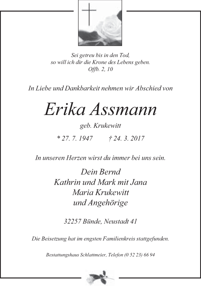  Traueranzeige für Erika Assmann vom 30.03.2017 aus Neue Westfälische