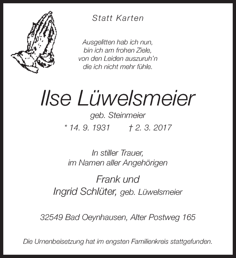  Traueranzeige für Ilse Lüwelsmeier vom 15.03.2017 aus Neue Westfälische