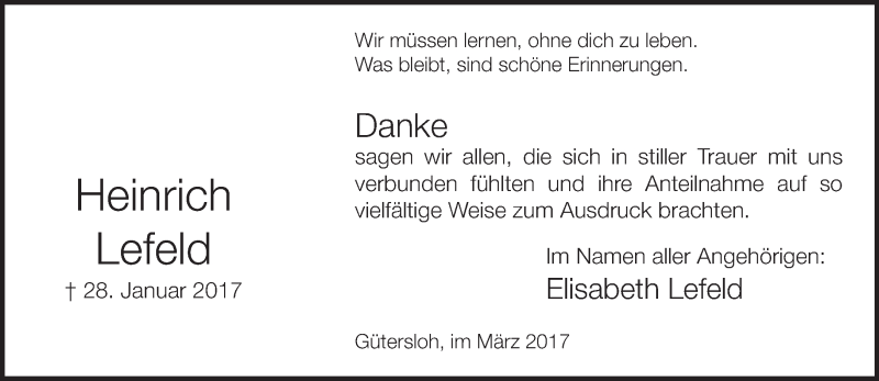  Traueranzeige für Heinrich Lefeld vom 11.03.2017 aus Neue Westfälische