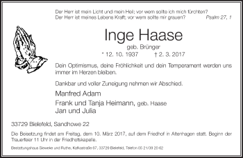 Traueranzeige von Inge Haase