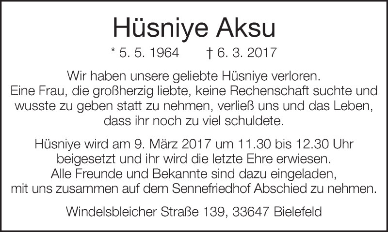  Traueranzeige für Hüsniye Aksu vom 09.03.2017 aus Neue Westfälische
