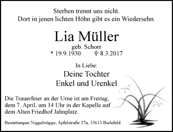 Traueranzeige von Lia Müller von Neue Westfälische
