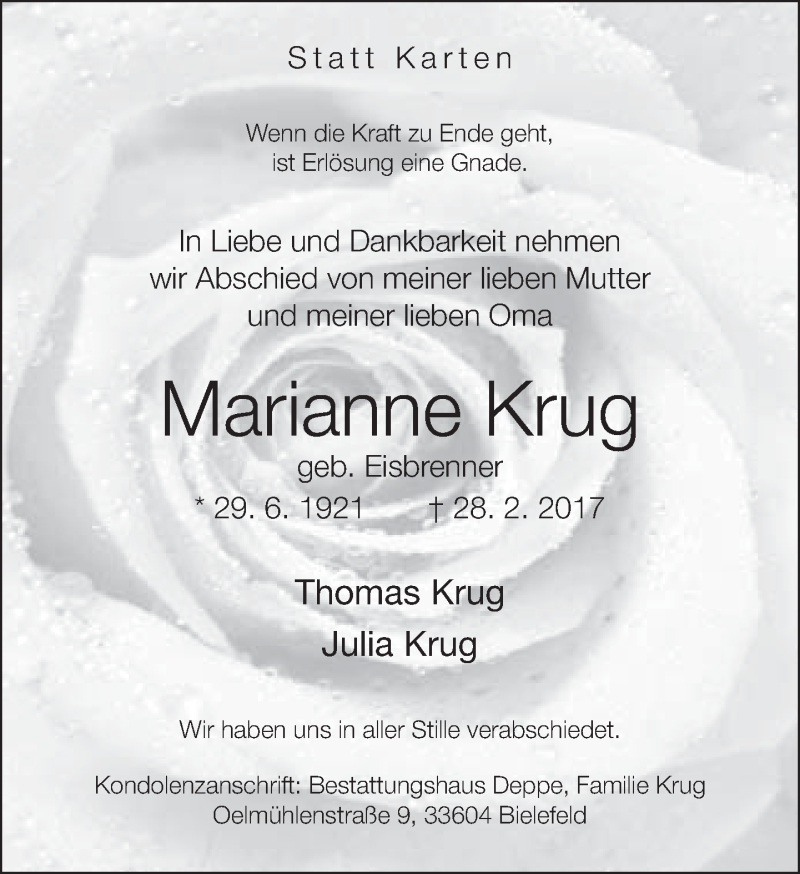  Traueranzeige für Marianne Krug vom 04.03.2017 aus Neue Westfälische