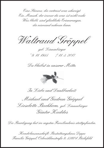 Traueranzeige von Waltraud Gröppel von Neue Westfälische