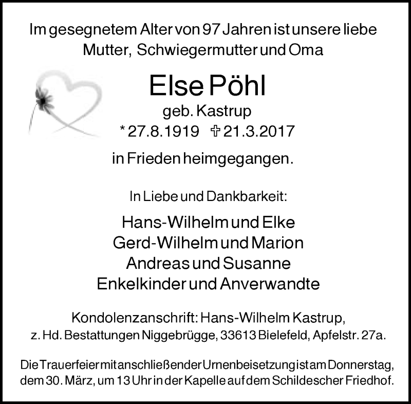  Traueranzeige für Else Pöhl vom 25.03.2017 aus Neue Westfälische