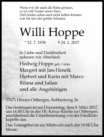 Traueranzeige von Willi Hoppe von Neue Westfälische
