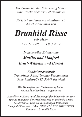 Traueranzeige von Brunhild Risse von Neue Westfälische