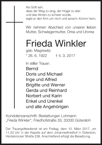 Traueranzeige von Frieda Winkler von Neue Westfälische