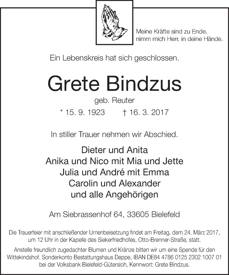  Traueranzeige für Grete Bindzus vom 18.03.2017 aus Neue Westfälische
