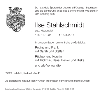 Traueranzeige von Ilse Stahlschmidt