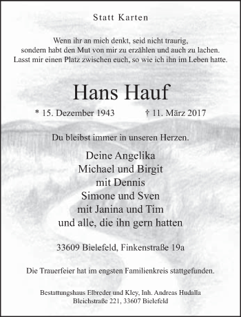 Traueranzeige von Hans Hauf von Neue Westfälische