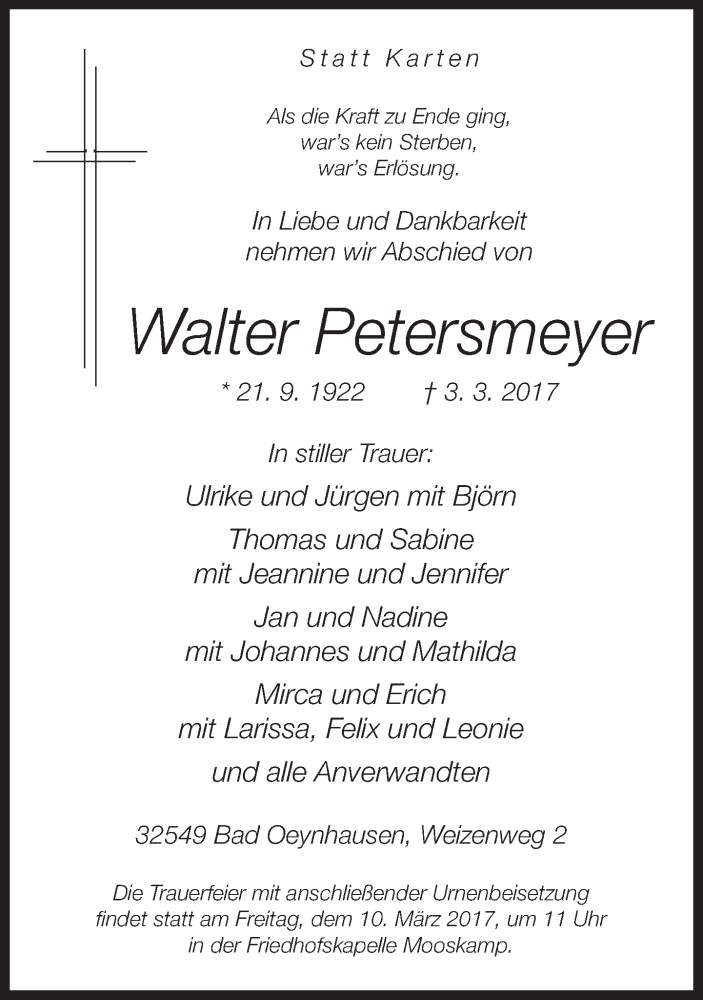  Traueranzeige für Walter Petersmeyer vom 08.03.2017 aus Neue Westfälische