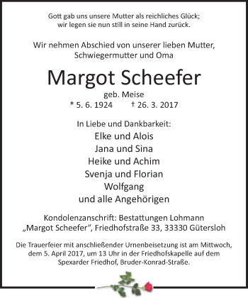 Traueranzeige von Margot Scheefer von Neue Westfälische