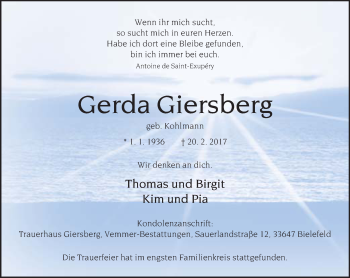 Traueranzeige von Gerda Giersberg von Neue Westfälische