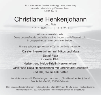 Traueranzeige von Christiane Henkenjohann von Neue Westfälische