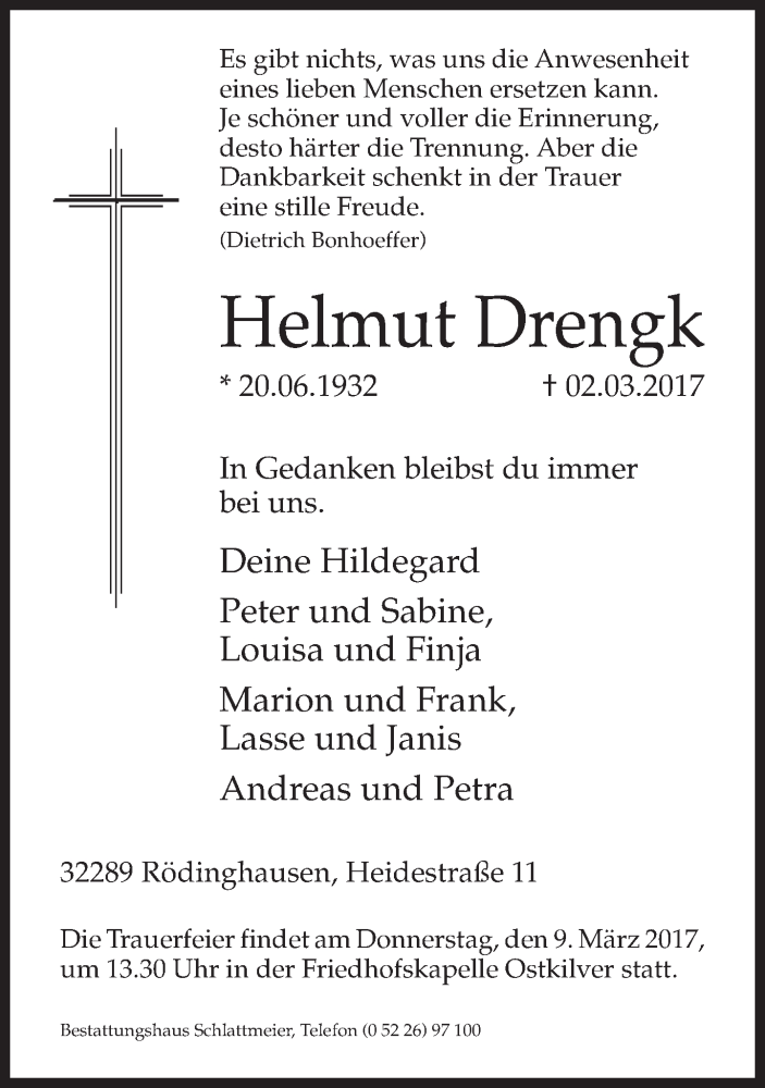  Traueranzeige für Helmut Drengk vom 04.03.2017 aus Neue Westfälische