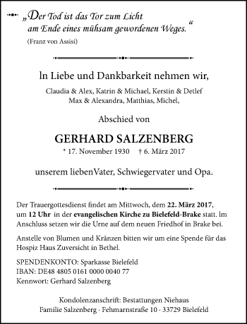 Traueranzeige von Gerhard Salzenberg von Neue Westfälische