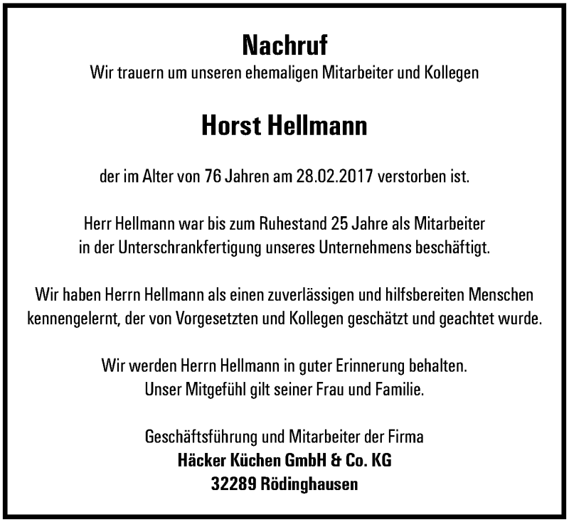  Traueranzeige für Horst Hellmann vom 15.03.2017 aus Neue Westfälische