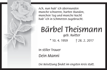 Traueranzeige von Bärbel Theismann von Neue Westfälische