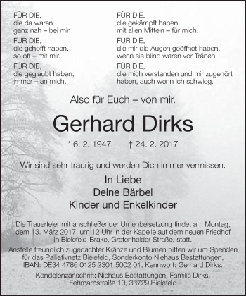 Traueranzeige von Gerhard Dirks von Neue Westfälische