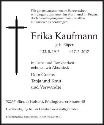 Traueranzeige von Erika Kaufmann von Neue Westfälische