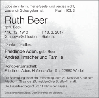 Traueranzeige von Ruth Beer von Neue Westfälische