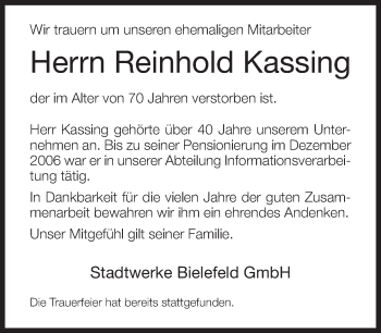 Traueranzeige von Reinhold Kassing von Neue Westfälische