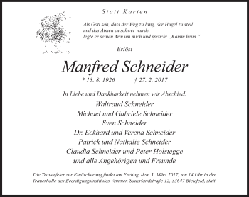 Traueranzeige von Manfred Schneider von Neue Westfälische
