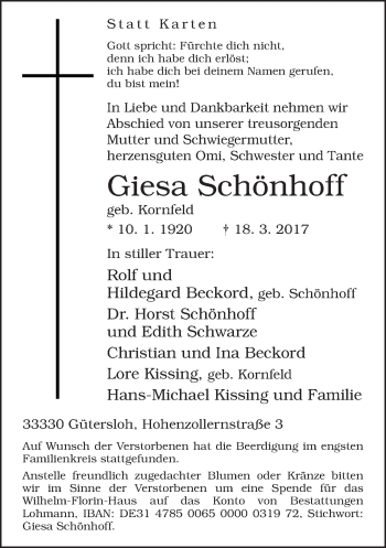 Traueranzeige von Giesa Schönhoff von Neue Westfälische