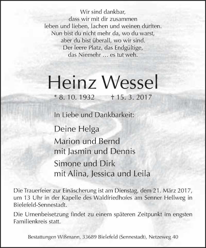  Traueranzeige für Heinz Wessel vom 18.03.2017 aus Neue Westfälische