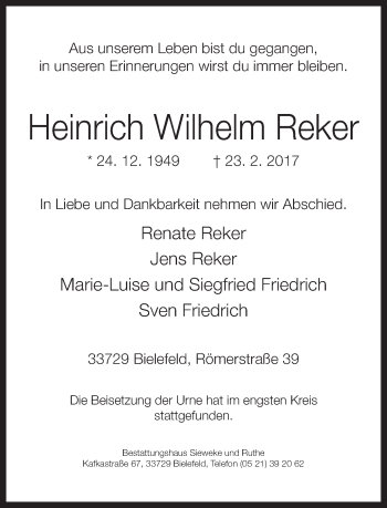 Traueranzeige von Heinrich Wilhelm Reker