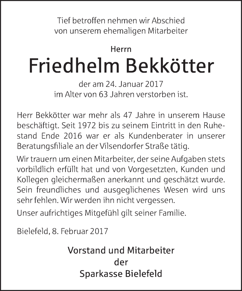  Traueranzeige für Friedhelm Bekkötter vom 09.02.2017 aus Neue Westfälische