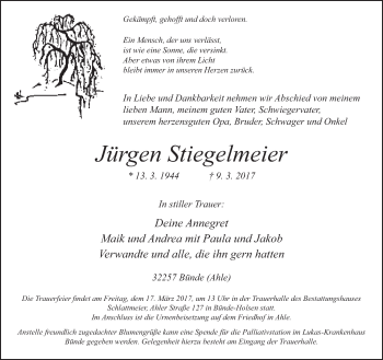 Traueranzeige von Jürgen Stiegelmeier von Neue Westfälische