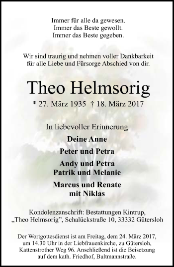 Traueranzeige von Theo Helmsorig von Neue Westfälische